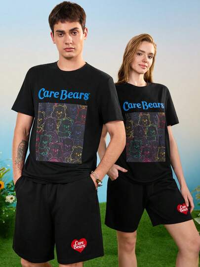 SHEIN X Care Bears 男式中性休闲针织霓虹条纹和熊印花黑色 T 恤和黑色短裤 2 件套
