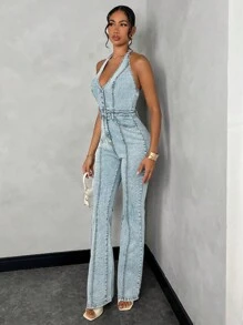 SHEIN BAE Women's Summer Street Style Washed Sleeveless Backless Denim Jumpsuit Y2k - Light Wash - View 4