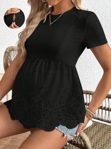 SHEIN Maternity Hollow Out Embroidery Nursing T-Shirt, Casual For Vacation - Black - View 5