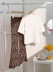 SHEIN Leap Crew 2 件套 Tween 女童休闲宽松粉色豹纹心形印花短袖 T 恤和阔腿裤，夏季