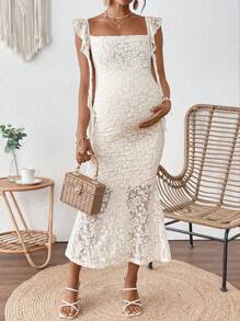 SHEIN Maternity Floral Lace Patchwork Ruffle Hem Fitted Elegant Dress