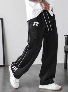 Manfinity EMRG 男士字母印花抽绳阔腿裤，运动裤，宽松直筒款式，夏季送给老公和男友的礼物，美国街头风 - 黑色 - 查看 3