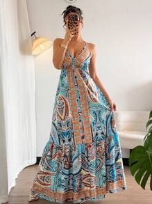 SHEIN Holidaya 波西米亚甜美系带露背收腰印花连衣裙，春季 - 彩色 - 查看 6