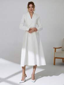 CLARA VERO Women Solid Color Front Button And Belted Detailed Long Sleeve Dress - White - View 6