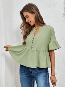 SHEIN Essnce Casual Home Wear Textured Half-Placket Ruffled Collar Blouse