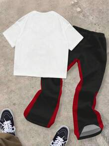SHEIN Leap Crew 两件套男童圆领T恤和喇叭裤休闲套装，适合夏季穿着 - 彩色 - 查看 2