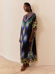 SHEIN Lady Women's Summer Boho Leopard & Feather Print Criss-Cross Tie Bat Wing Dress,Holiday Beach Vacation Casual Long Sleeve Sundresses,Bohemia Clothing,Blues - Multicolor - View 8