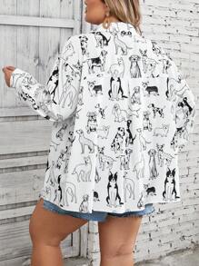SHEIN CURVE+ Áo sơ mi cổ bẻ in họa tiết động vật dài tay cỡ lớn cho nữ - Đen và trắng - Xem 2