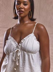 MUSERA Plus Size Ruffle Cup Thin Strap Shell Tie Floaty Cami Top For Cute Elegant, Holiday, Elegant, Holiday - White - View 4