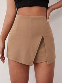 SHEIN PETITE CURVE Pantalones cortos informales de talla grande para mujer con abertura lateral en unicolor, para primavera/verano