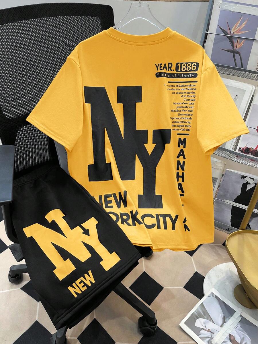 SHEIN Leap Crew 2pcs/Set Teen Boys Casual Loose Comfortable Versatile Printed Pattern Short Sleeve Top And Shorts Set - Yellow - View 1