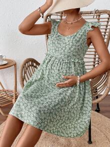 SHEIN Maternity Ditsy Floral Cap Sleeve Dress, Suitable For Vacation - Green - View 6