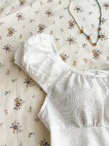 SHEIN TEENGIRL White Bubble Textured Fabric Square Neckline A-Line Short Shirt, Sweet Cute Blouse, Collegiate Shirt