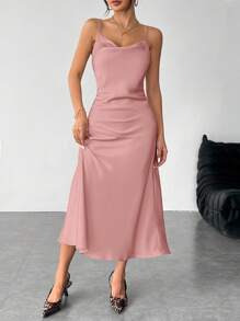 SHEIN PETITE Solid Color Swing Collar Long Satin Satin Suspender Dress Suitable For Dates,Summer Dresses For Women