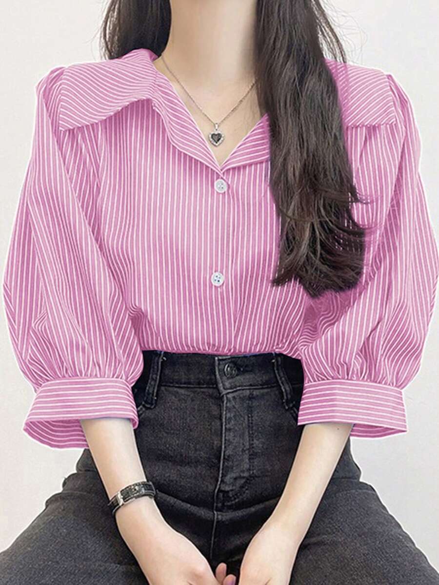 DAZY 女士条纹翻领灯笼袖宽松上衣，春/夏/秋 - 粉色 - 查看 1