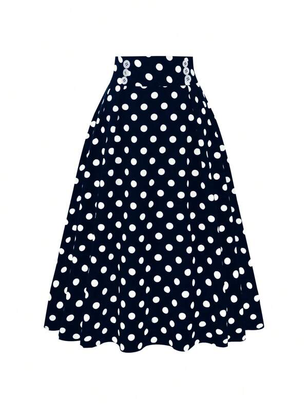 Franclia Women's Polka Dot Printed Waist Button Design Elegant Skirt
