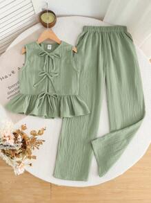 SHEIN LMoss Kids Tween Girls Commute Casual Solid Knit Crew Neck Top And Straight Leg Pants Set