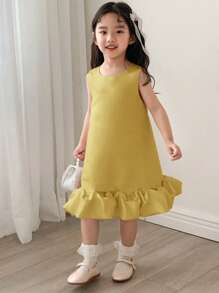 DAZY Young Girl Sleeveless Round Neck Patchwork Ruffle Hem Princess Dress, Luxurious Fall Outfit - Yellow - View 5