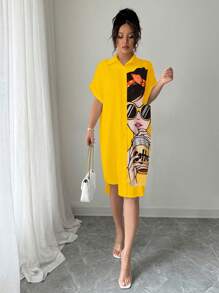 Chiquease Summer Casual People Pattern Front Button Up Shirt Dress - Multicolor - View 3