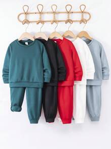 SHEIN Leap Crew 10 件/套年轻男孩休闲可爱日常舒适温暖中性百搭纯色宽松修身罗纹下摆圆领运动衫和裤子适合外出、街头穿着、派对、居家、返校、生日、婴儿洗礼、节日派对、秋冬