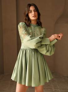 Anewsta Đầm ngắn tay peplum cổ chữ V thanh lịch phối ren chắp vá cho nữ, thích hợp cho lễ hội, kỳ nghỉ, ngày lễ, mùa xuân - màu xanh lá - Xem 3