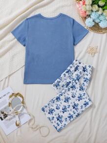 2pcs/Set Girls' Solid Color Casual Round Neck Short Sleeve Top & All-Over Blue Floral Print Loose Pants Homewear Set - Blue - View 2