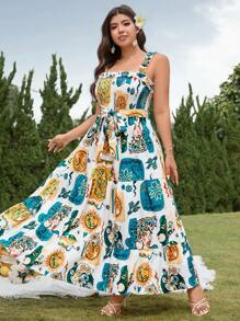 Breezaya Sukienka damska z nadrukiem kwiatowym w dużych rozmiarach, swobodna i wakacyjna na ramiączkach