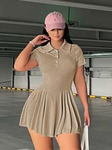 Flirla Plus Size Simple Casual Solid Color Lapel Waist Mini Dress - Khaki - View 1