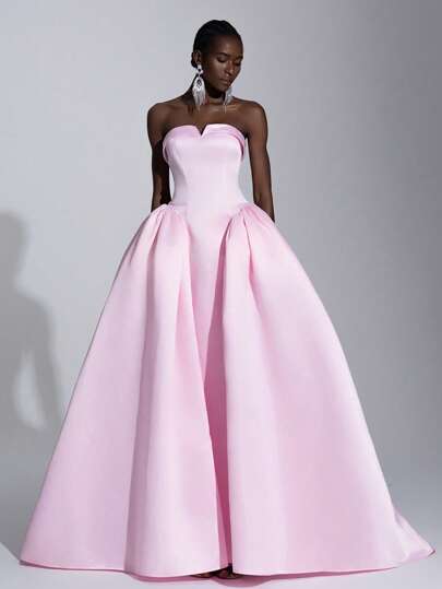 Elitara Elegantes und prächtiges rosa luxuriöses Satin Retro Taille Bandeau Kleid mit kleinem V-Ausschnitt und geöffneter Rückseite, übergrosses Kleid, Damen Abendkleid für formelle Anlässe, Partykleid, Hochzeitsgast Kleid, Abendkleid, Abendrobe