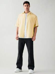 SWAVVY 男士休闲条纹短袖宽松衬衫，春夏，学校 - 黃色 - 查看 7