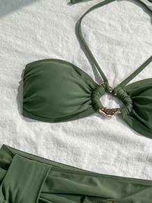 SHEIN Swim 3 Pieces Women Resort Style Spaghetti Strap Swimwear Set With Metal Laced-Up Halter Neck - Army Green - View 7