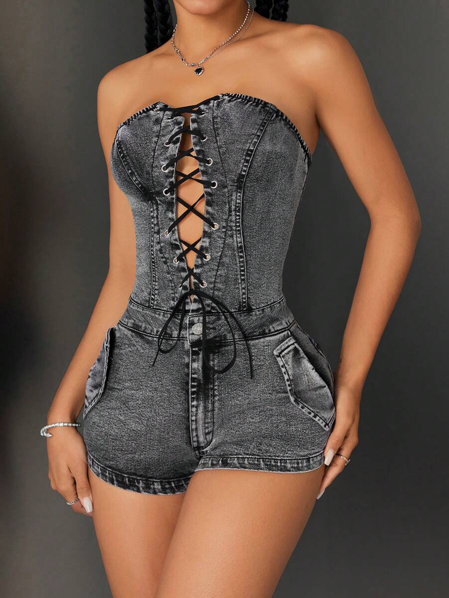 SHEIN ICON Bộ đồ liền thân denim dây rút gợi cảm giản dị dành cho nữ - Xám - Xem 1