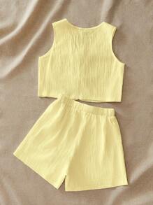 SHEIN VCAY Vacation Woven Patchwork Design Square Collar Short Sleeve A-Line Dress For Women Maxi Dress Usa Vest Set Bow Top,Butter Yellow,Summer Sets