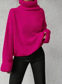 EURMUSE Solid Color Turtle Neck Batwing Sleeve Sweater - Hot Pink - View 4