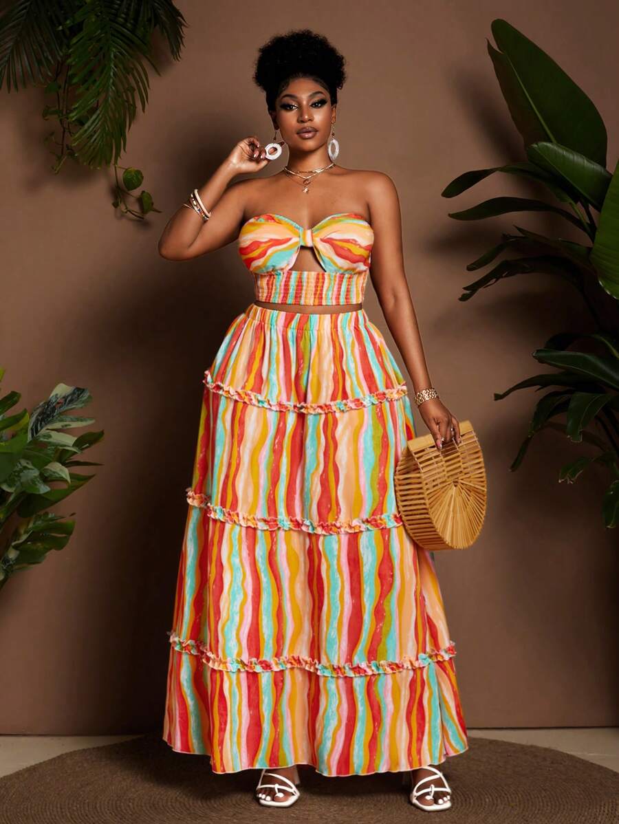 Maweii Plus Size Vacation Multicolor Striped Strapless Crop Top And Skirt Set