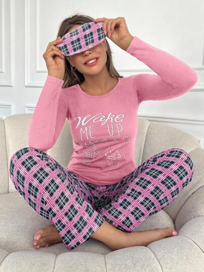 SHEIN Cottnline Senhoras Impressão de Letra Camiseta E Xadrez Calças De Dormir Set