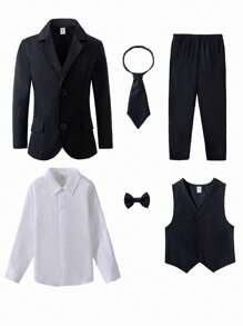 6 Pieces Young Boys Formal Suit Set, Including Light White Long Sleeve Shirt, Black Tie & Bowknot, As Well As Matching Vest, Jacket And Pants. The Light White Shirt Stands Out Elegantly Among The All-Black Suit, Making The Outfit Look Neat, Fashionable And Suitable For Holiday Events, Formal Occasions, Weddings, Wedding Guests, Ring Bearer, Page Boy