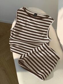 SHEIN EZwear 棕米条纹两件套休闲套装，简约时尚，适合夏季 - 棕色 - 查看 6