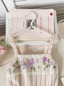 Young Girls Elegant Embroidered Mesh Decor Fuzzy Rib Knit Cami Romper, Summer