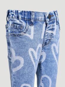 Baby Girls Fashion Heart Print Elastic Denim Flared Pants,Holiday,Summer,Travel - Medium Wash - View 4