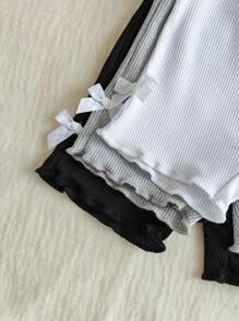 SHEIN Vintaside Kids 3件套女婴0-3岁春夏新款休闲运动柔软弹力罗纹针织短裤套装，柔和色调粉色、米色、灰色，三件套修身短裤，适合居家和户外穿着 - 彩色 - 查看 5
