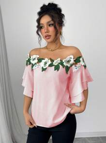 Calvaya Blusa casual sexy da donna con spalle scoperte e decorazione floreale 3D