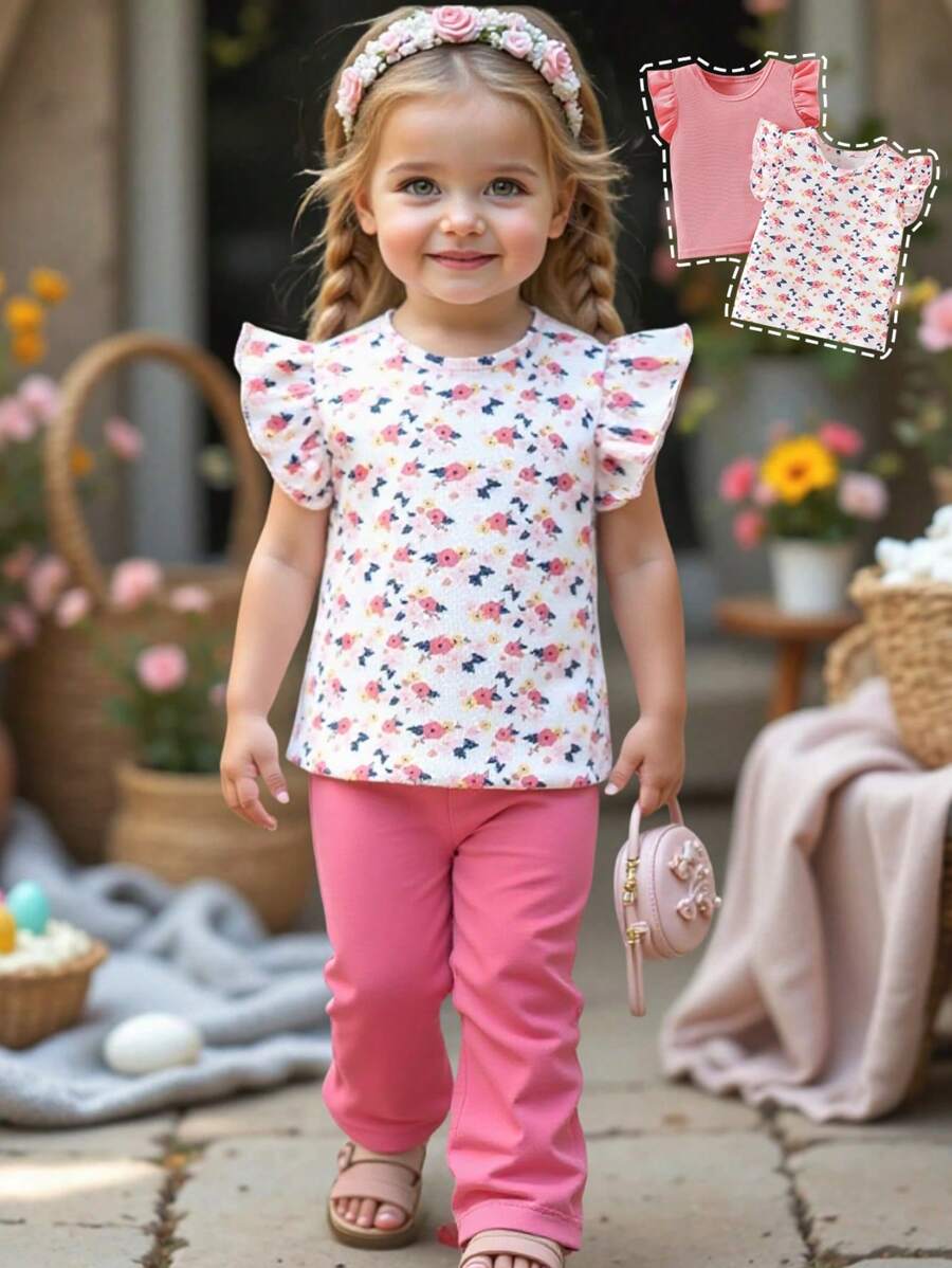 Baby Girl Crew Neck Short Cap Sleeve Simple Casual Top, Daily Wear - Multicolor - View 1