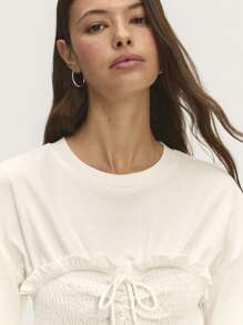 SHEIN Unity Smock Short Sleeve T-Shirt With A Ribbed Neckline, Frilled Hem, And Ruffled Smocked Panels. Finished With A Decorative Tie And Bow. Perfect For Spring-Summer, Beach, Easter O Graduation Event. - Beige - View 3