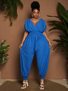 Maweii Plus Size Women's Vacation Style Blue V-Neck Ruched Harem Jumpsuits - Blue - View 4