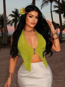 SHEIN SXY Solid Green Sexy Open Front Halter Neck Tank Top, Versatile Casual Top For Music Festival, Date, Gathering, Party, Birthday, Island Vacation, Holiday Outings, Spring/Summer, Rave Topr - Green - View 5