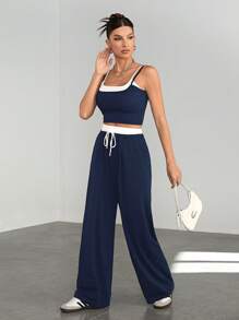 SHEIN Tall 2pcs/Set Contrast Color Camisole & Drawstring Waist Casual Pants Outfit - Navy Blue - View 6