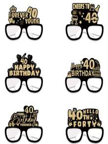 SHEIN 6 Pcs Birthday Party Eyeglasses Decorations 40th Birthday Fashion Glasses Paper Glasses For Men Women With Black Glasses Frame And Golden Words - Black - View 1
