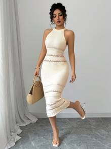 Gloray Women Elegant Vacation Semi-Sheer Halter Neck Fitted Mid-Calf Sweater Dress, Spring/Summer