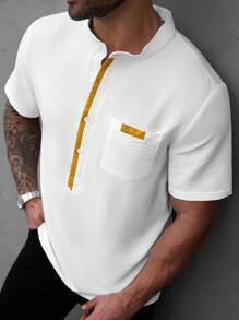 Manfinity Homme 大码男士夏季简约时尚短袖衬衫 - 白色 - 查看 1